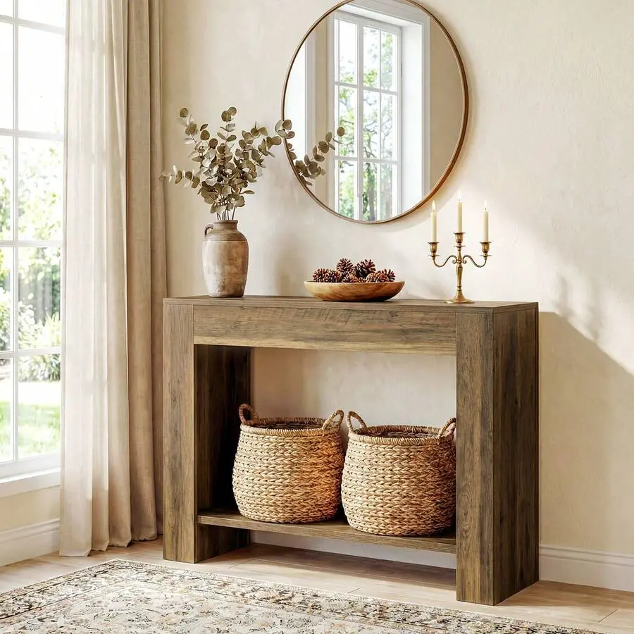41.3" Width Farmhouse Console Table - 2-Tier Narrow Storage Cabinet with Storage Space, Sturdy Base, Thickened Legs for Living Room Entryway Foyer, Rustic Brown Wooden Behind Couch Table, Tool Kit Set