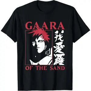 Naruto Gaara Of The Sand Red White Frame Graphic T-Shirt, Plus Size Up To 5XL Sand Village Ninja Anime Short Sleeve Tee, Casual Loose Fit Otaku Comic Con Fan Gift Top