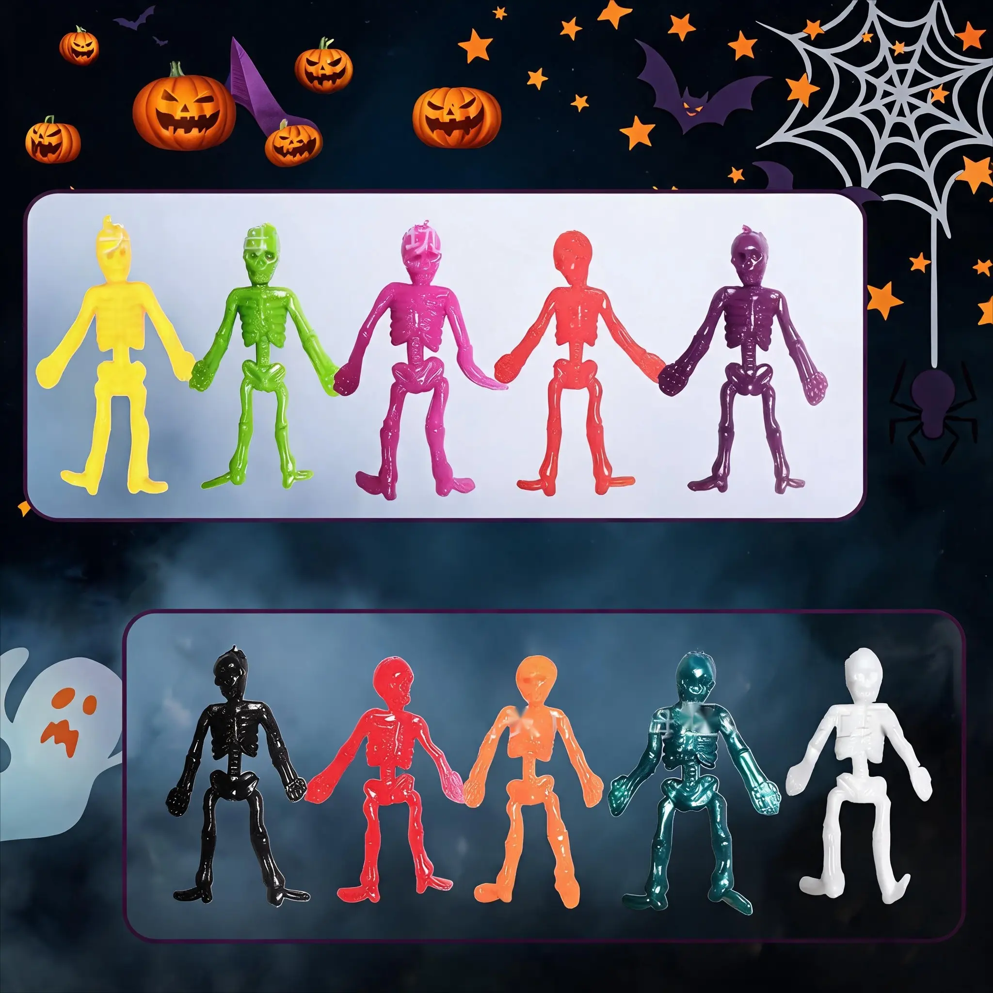 Halloween Stretchy Skull Toys, multi‑colour soft‑glue elastic skull fidgets, perfect party favours, happy Halloween gift‑bag fillers and sticky trick‑or‑treat toys.
