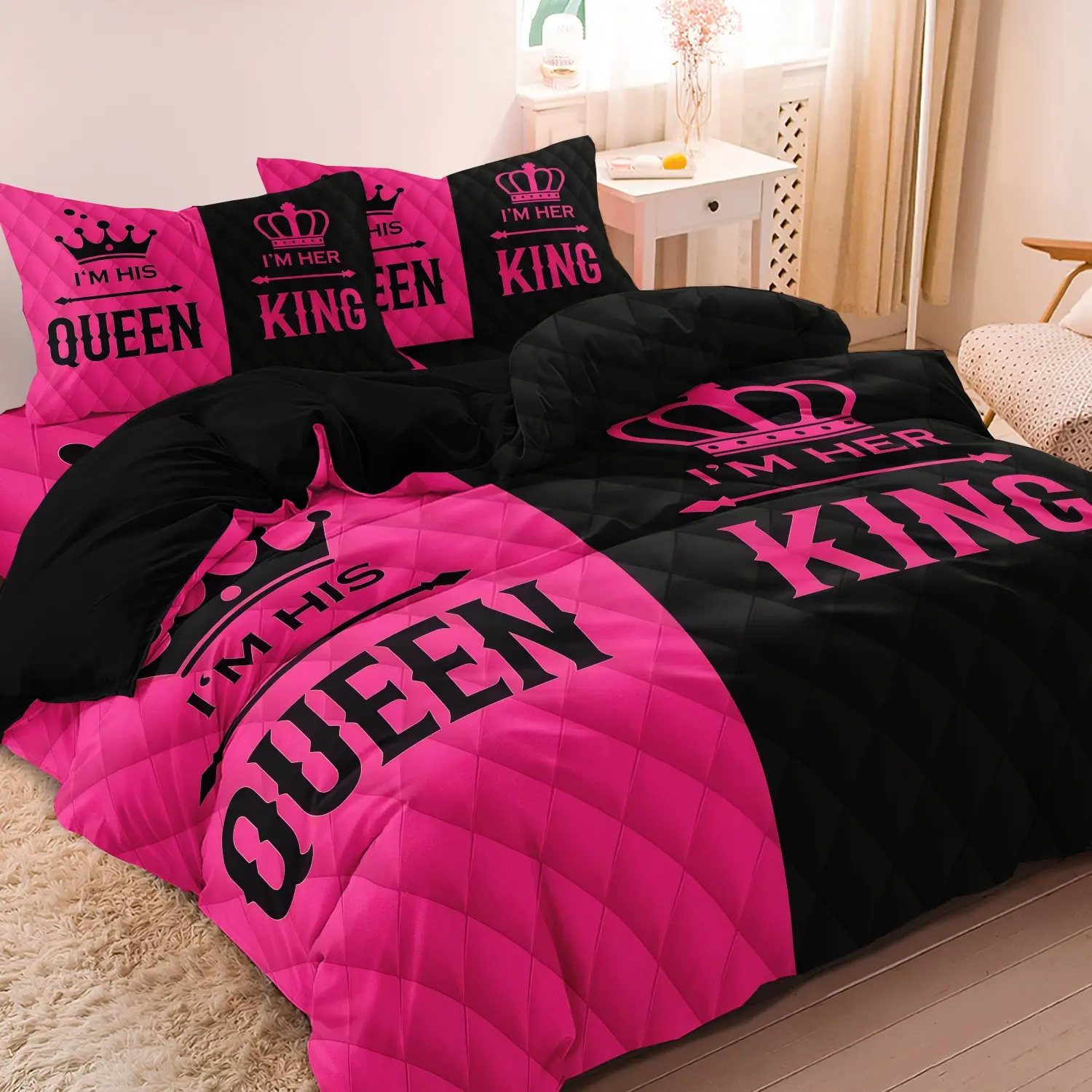 3 Pieces King Queen Crown Print Duvet Cover Set, Bed Sets Supplies, Hot Pink Black Split Diamond Texture Slogan Bedding, For Newlyweds Lovers, Machine Washable Soft Breathable Bedding Linen (1 Duvet Cover + 2 Pillowcases, No Comforter No Pillow)