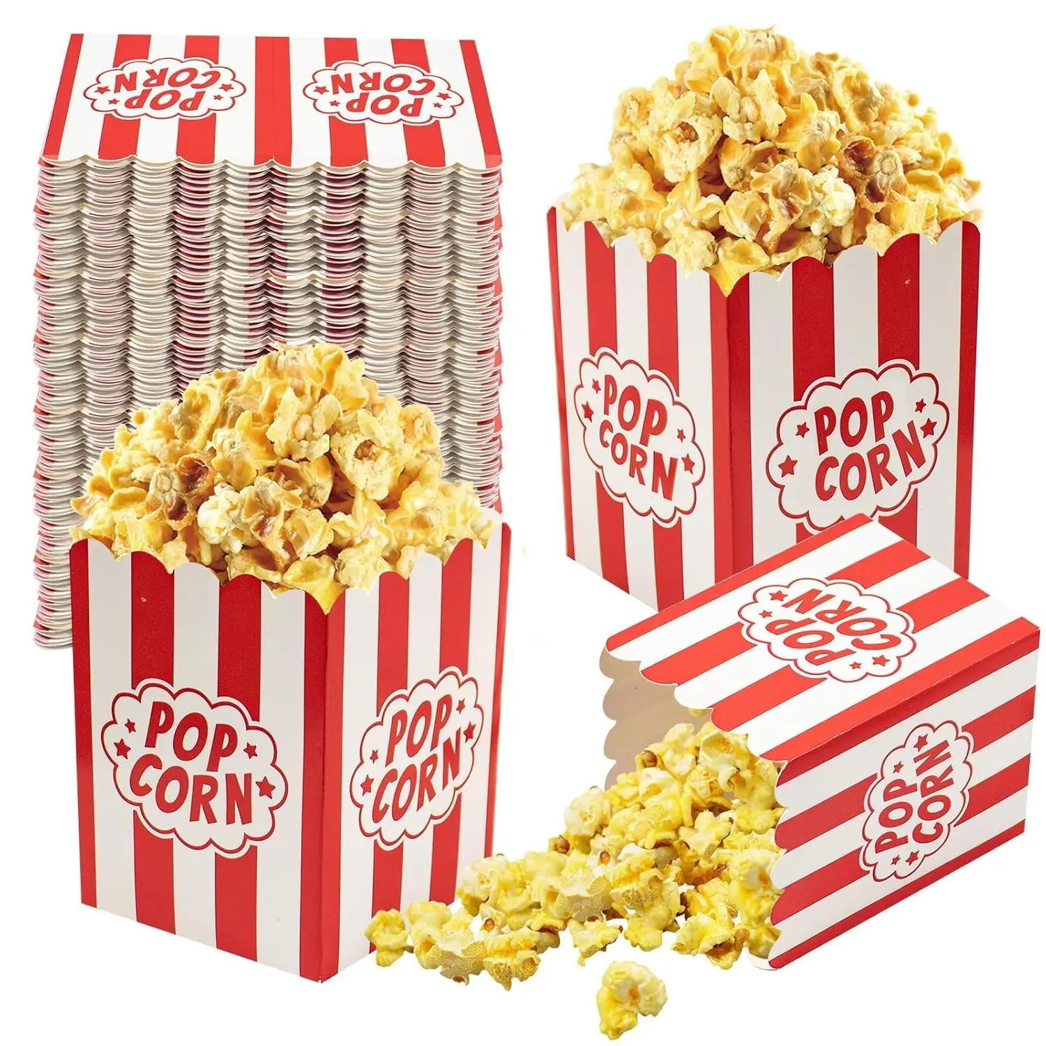 Mini Popcorn Boxes for Parties, 100 Pack – 3×4 Inch Red & White Striped Popcorn Bucket Boxes, Snack Bowl Containers for Movie Night, Candy Bar, Birthday & Events