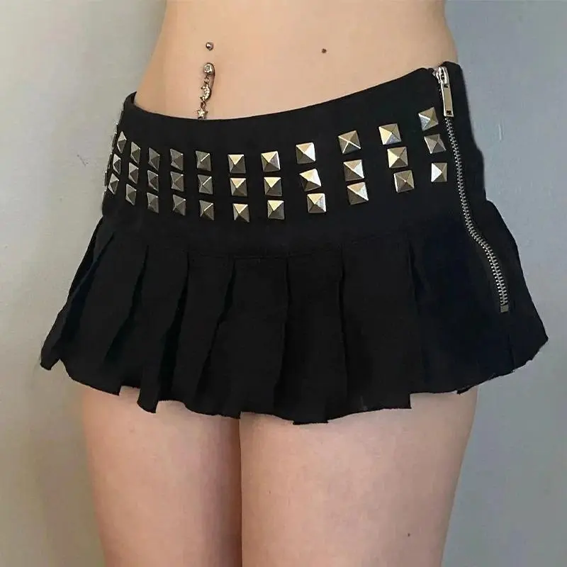 Summer Fashion Street Wear Women's Gothic Punk Cross Nail Fold Mini Skirt High Waist Short Skirt Black Zipper Skirt 2026 New
