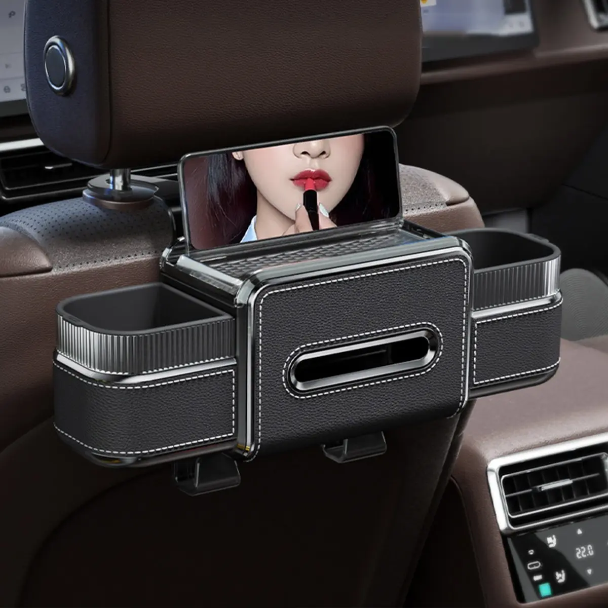 Multifunctional Car Seat Back Storage Box with Hidden Makeup Mirror, Auto Back Seat Organizer with Dual Silicone Cup Holders, Tissue Holder, Leather Car Backseat Accessory for All Vehicles, Car Backseat Organizers, Car Interior Storage