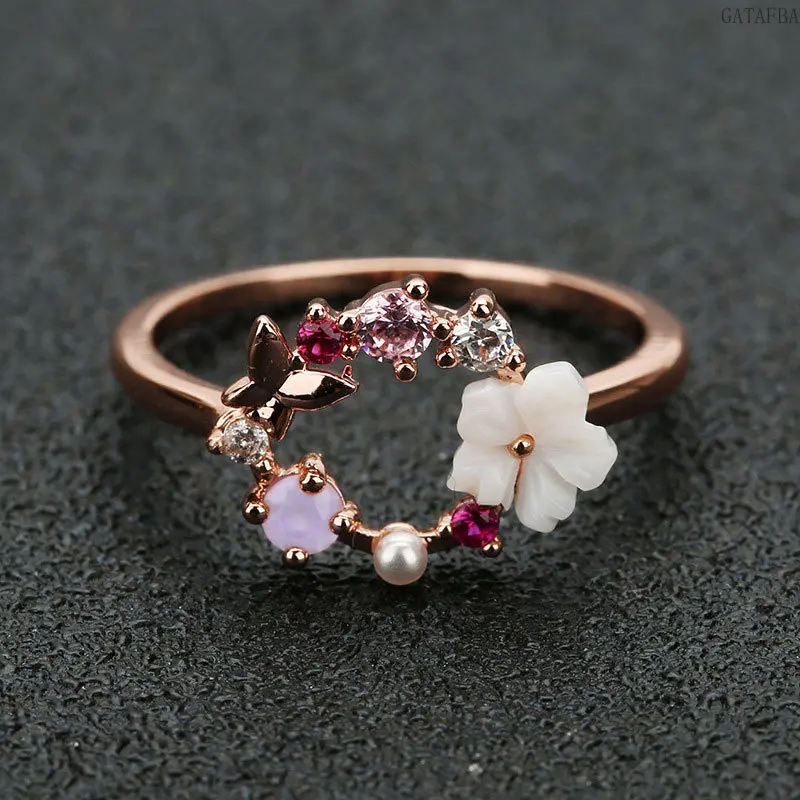 Female Small Elegant Casual Real Rose Gold Butterfly Flowers Ring - Creative, Dainty, Stackable Finger Jewelry for Dating, Daily Sports Outdoor Accessory (Sports & Outdoor Collection),back to school,back to school haul