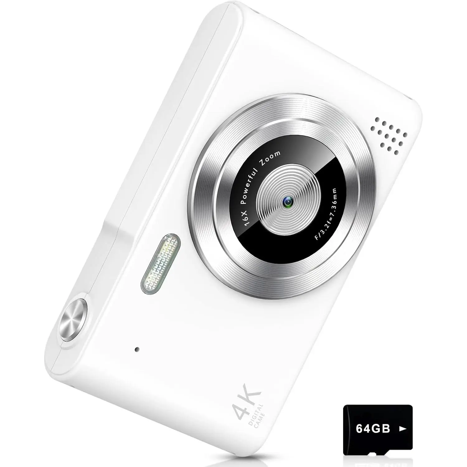 Digital Camera, Camera for , UHD 4K 48MP Point and Shoot Digital Cameras with 64GB SD Card and 16X Digital Zoom Anti Shake, Compact Portable Small  for Boys Girls Students,White