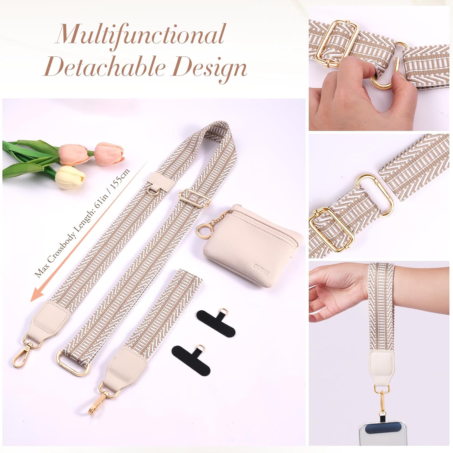 Bohemian Beige Fabric Clip-and-Go Mobile Phone Strap Accessory with Larger Capacity Wallet Crossbody, Detachable Wrist Strap, Alloy Zippered Pouch, 2 Nylon Tabs, Synthetic Details - Anti-Loss, Fits Phones, Compatible with Earbuds, Accessories, Includes Po