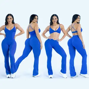 RICH BRIA Vision Sports Sets Womens Seamless Strappy Tank Top Sport Bra V Cross Low-mid Waist V Back Butt Lifting Mini Flared Leggings Gym Sets for Yoga and Fitness, Breathable & Comfortable Activewear