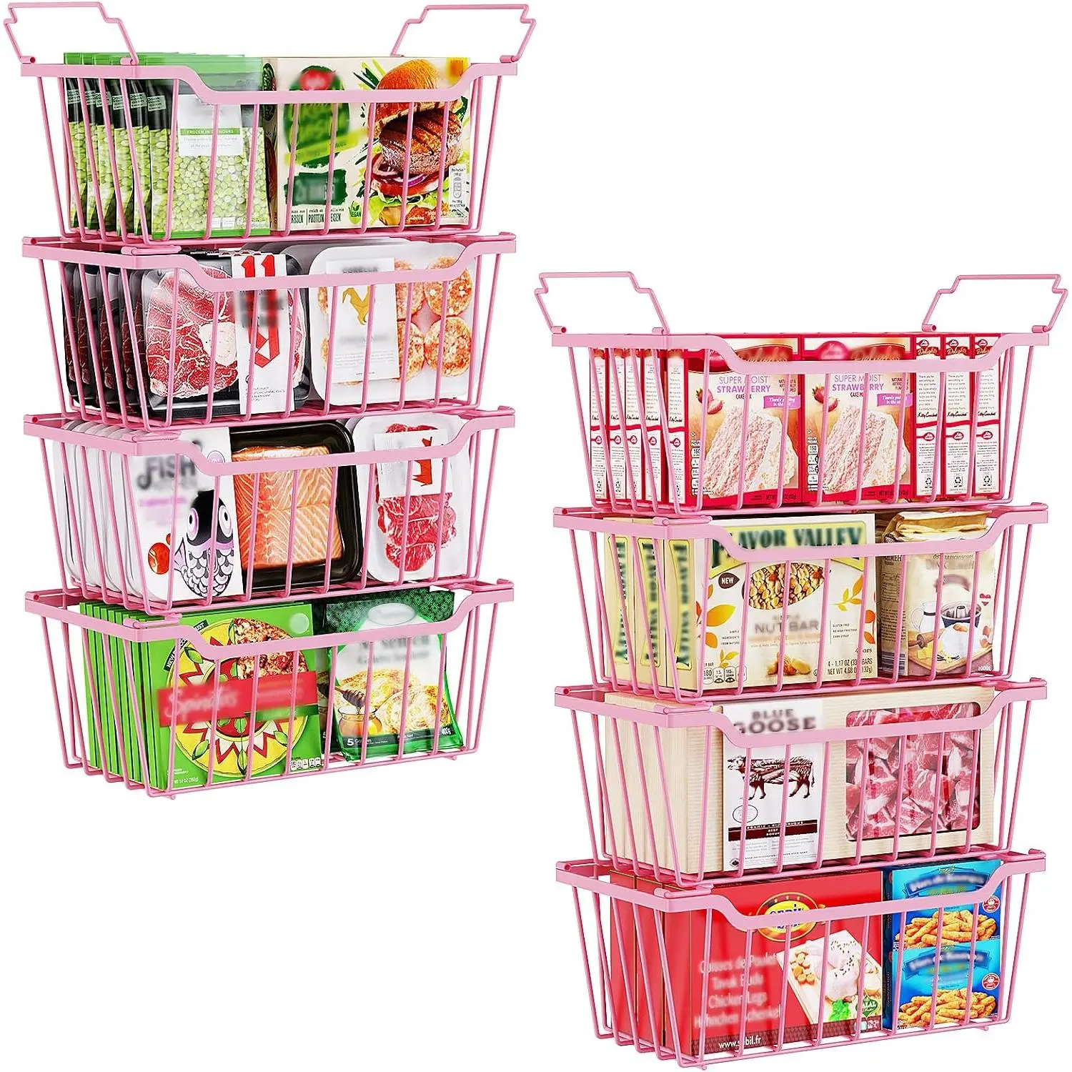 Freezer Organizer Bins, 4 Pack Stackable Chest Freezer Organizer for 5-7 Cu.FT Deep Freezer Sort Frozen Meats and , Freezer Storage Baskets with Handles Easy  from Bottom, Black