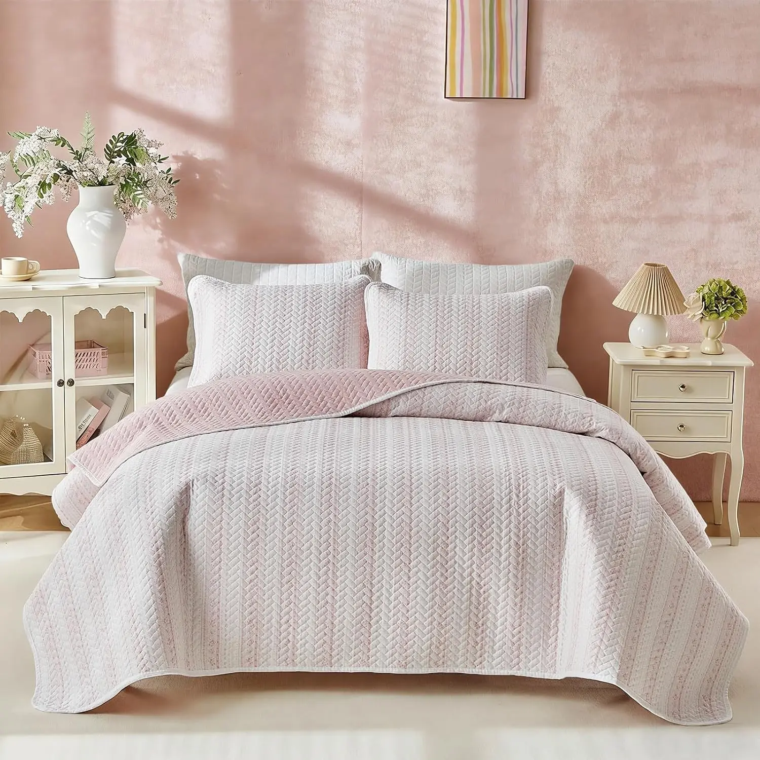 Joyreap 2 Pieces Twin Size Floral Cotton Quilt Set for Girls, Pink Stripes Floral Design, Cozy Lightweight Cotton Quilt Bedspread Bed Cover for All Season- 68x88 inches