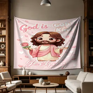 1 Healing “God is Kind” Jesus Tapestry  Cute and Charming Yeshua Cartoon Print  Pink, Cozy Bedroom Headboard Hanging   Wall Art for Christian Believers' Rental Home Makeovers