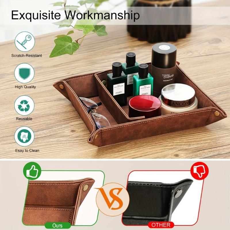 Vintage-Style Brown PU Leather Durable Valet Tray Organizer et90173 - Multifunctional Tabletop Storage with 2 Compartments, Snap Corners, Water-Resistant, Scratch-Proof for Jewelry, Keys, Wallet - Ideal Gift for Men, Desktop Storage