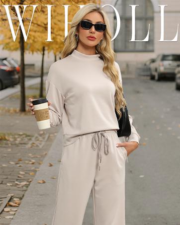OFEEFAN Two Piece Sets for Women Fall Outfits Lounge Sets Mock Neck Tops Wide Leg Pants Vacation Travel Airport Outfits Casual Long Sleeve SpringStatements