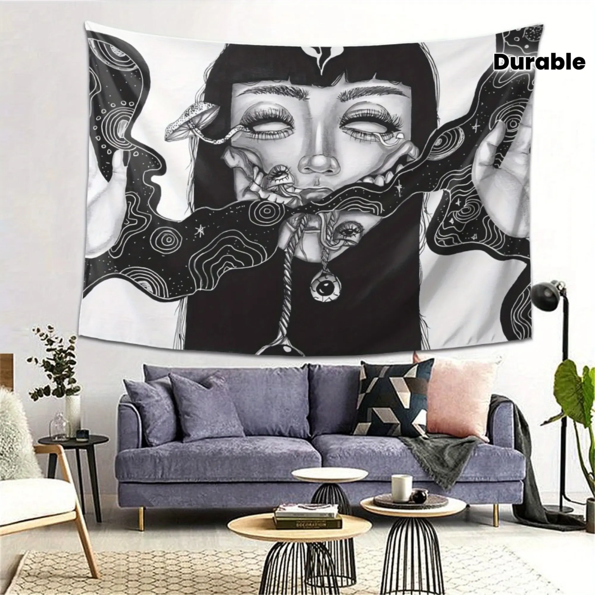 Black and White Woman Kissing Snake Tapestry - Gothic Wall Hanging Decor with Intricate Snake & Female Face Design, Large Eyes & Dark Hair - Minimalist Bohemian Art for Living Room, Bedroom, Office, Bar
