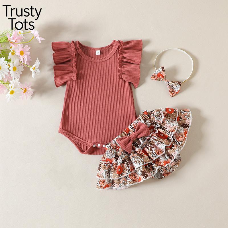 Trusty Tots  Baby Girls Summer Outfit Sets Ruffle Sleeve Ribbed Romper + Floral Culottes + Headband 2026 Summer Lace cod Set New Style Sweet Slim-fit Fashion Vest Lace Children Summer New
