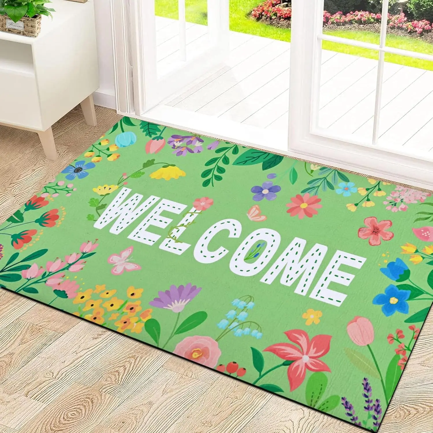 Floral Door Mat Outside Entrance, Colorful Flower Welcome Mat Front Door Mats Non Slip Spring Doormat Outdoor Indoor Entrance, Low Profile, Absorbent, 18" x 30", Green