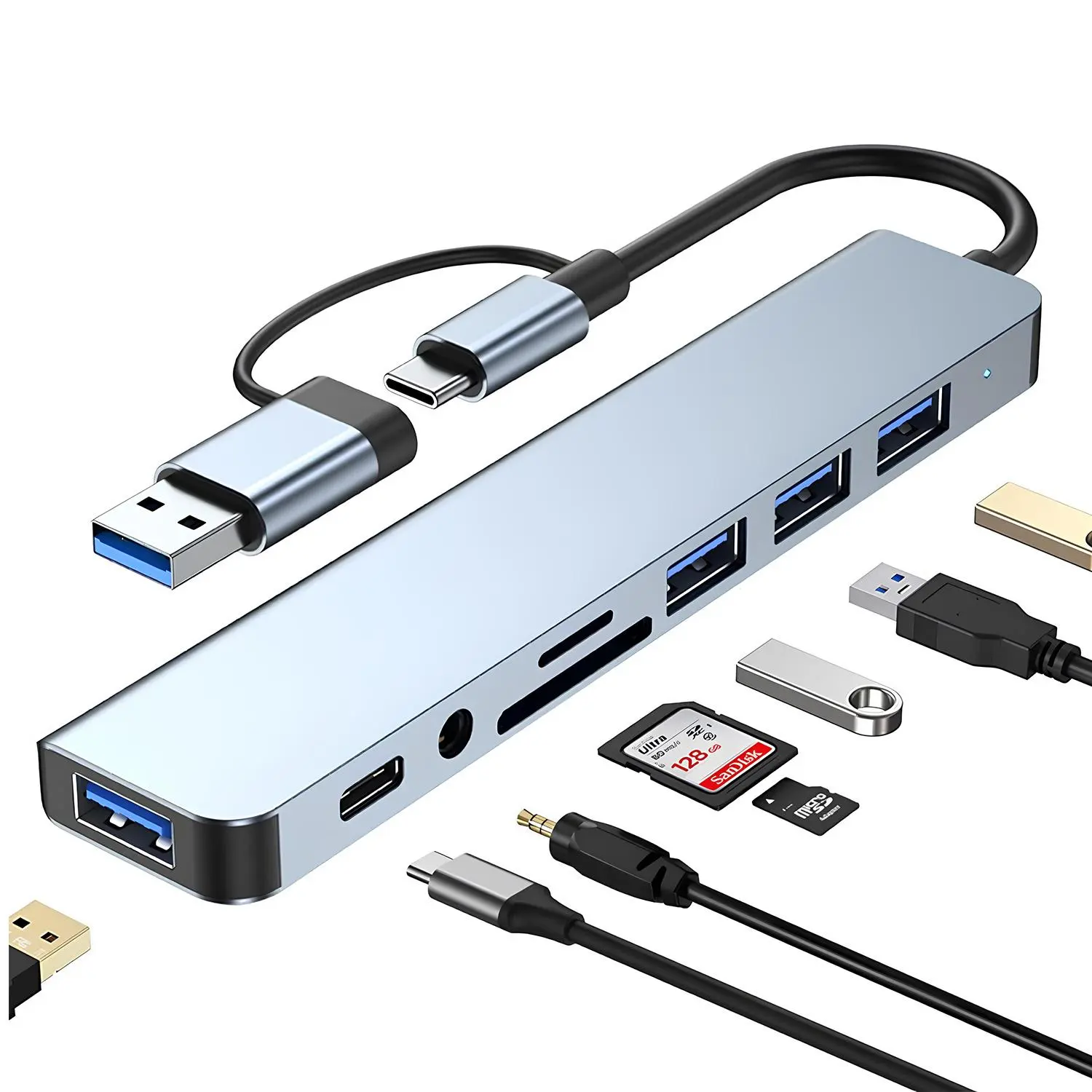 Usb Port Hub Extender Hub USB C Hub USB Splitter 8 in 1 USB Extender with 4 USB Port 1 USBC Port TF/SD Card Reader Audio Output Compatible with MacBook/Pad Pro/Dell/HP Laptop/Phones Desk Accessory, Pc Accessories, Usb Adapter, Usb Ports Output