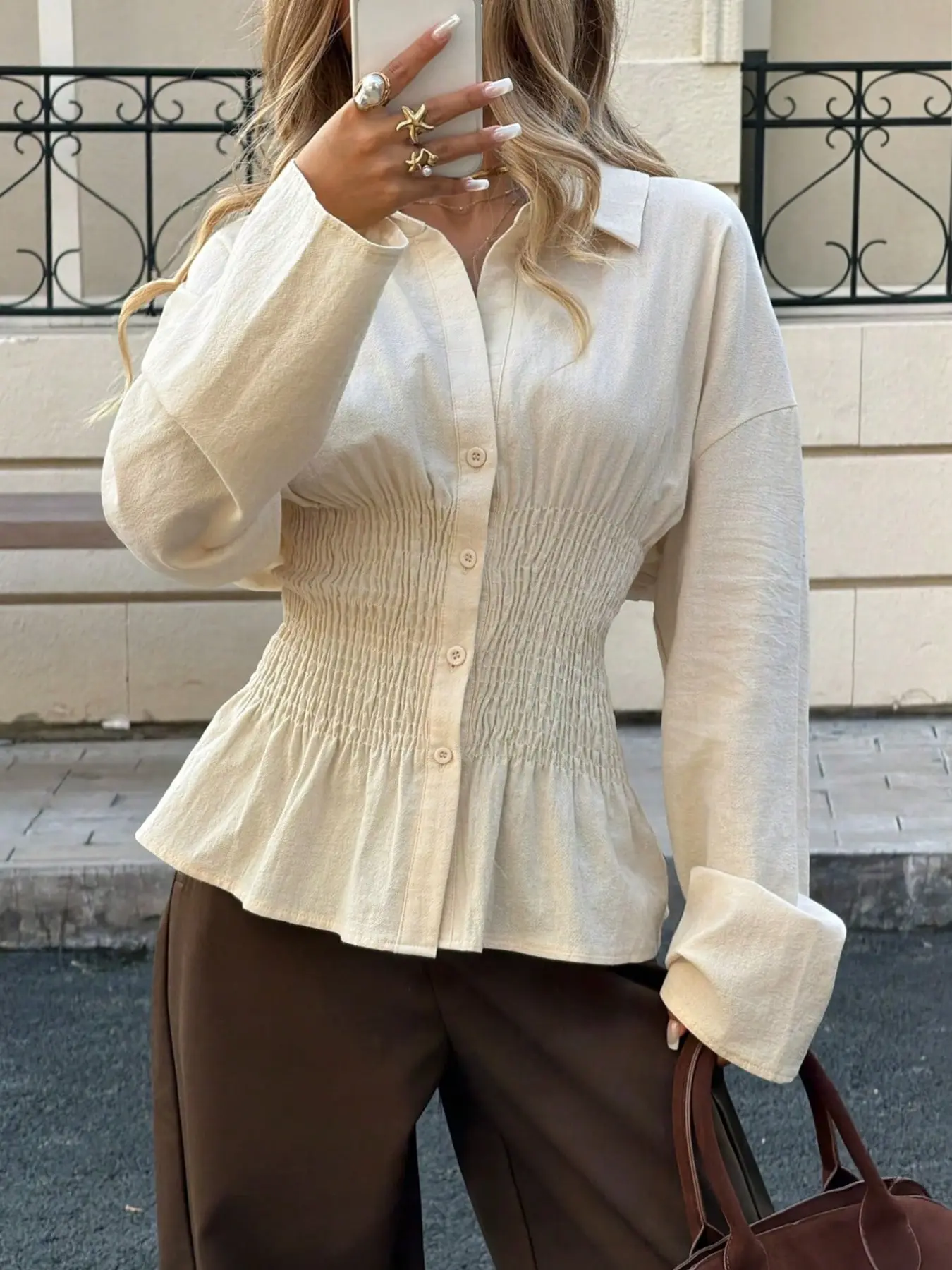 Women's Lapel Long Sleeve Waist-Cropped Shirt Blouse, Elegant Button-Up, Fall Office Top, Loose Fit with Fashionable Waist Design