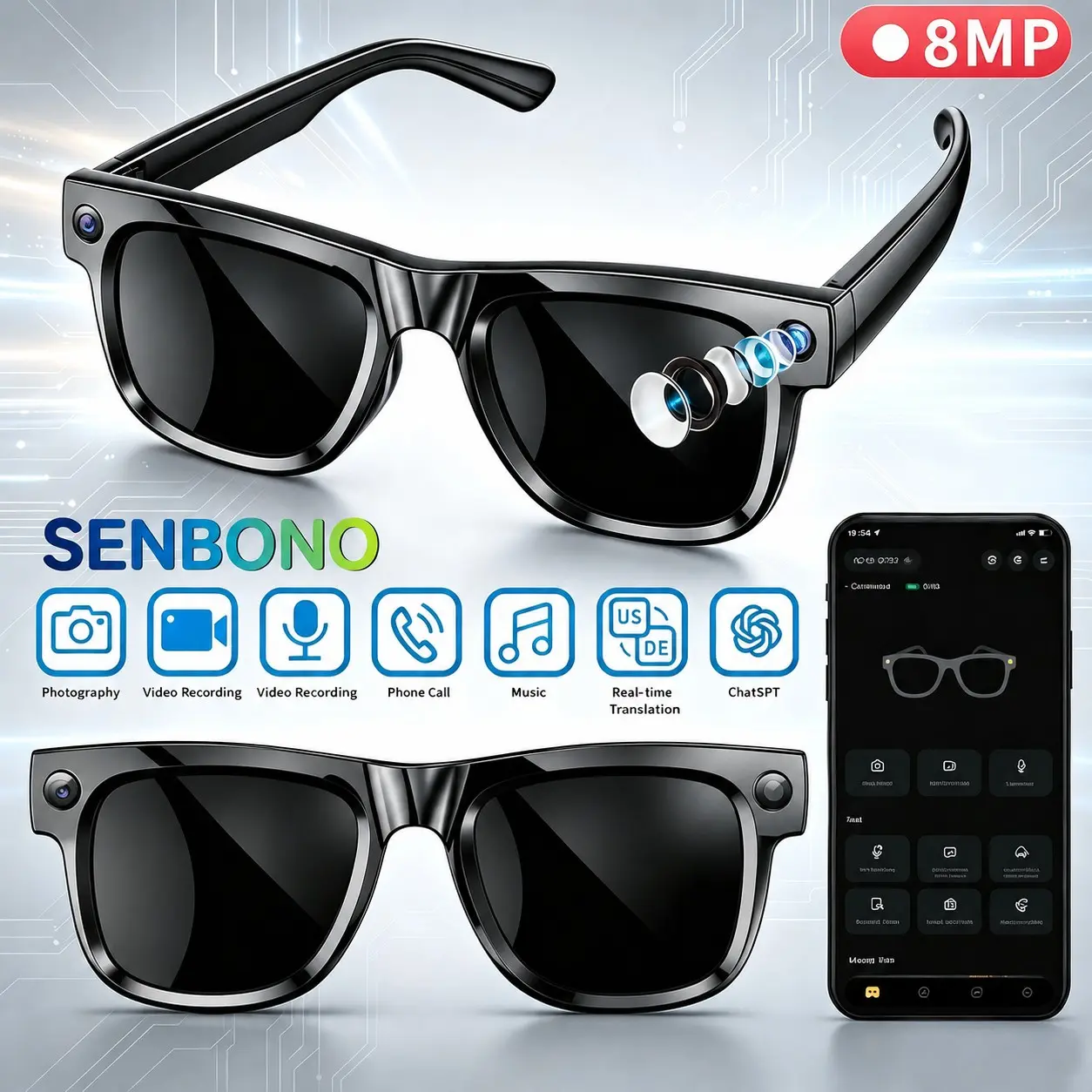 8MP multifunctional all-in-one smart glasses, integrating camera, translation, headphones, and artificial intelligence functions. Ai conversation, video recording, wireless calling, photo translation, recording, sunglasses, ideal outdoor gift.
