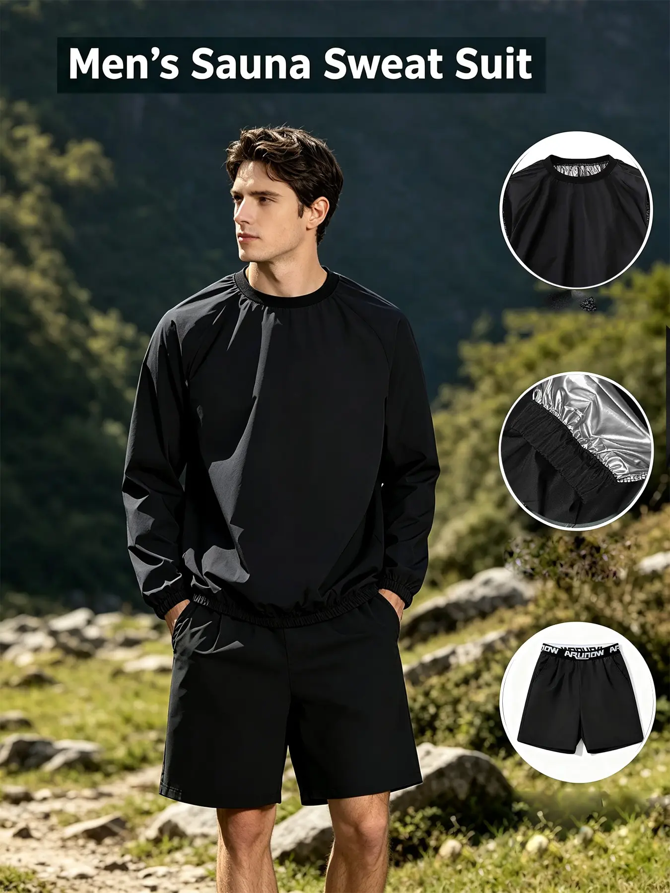 Men Sauna Suit Sweat Suits, Durable Gym Exercise Workout Jacket with Sauna Shorts, Sporty Loose-Fitting Top, All Seasons, Workout Sportswear, Workout Clothes, Fitness Outfits, Gym Outfits, Sauna Suit Set