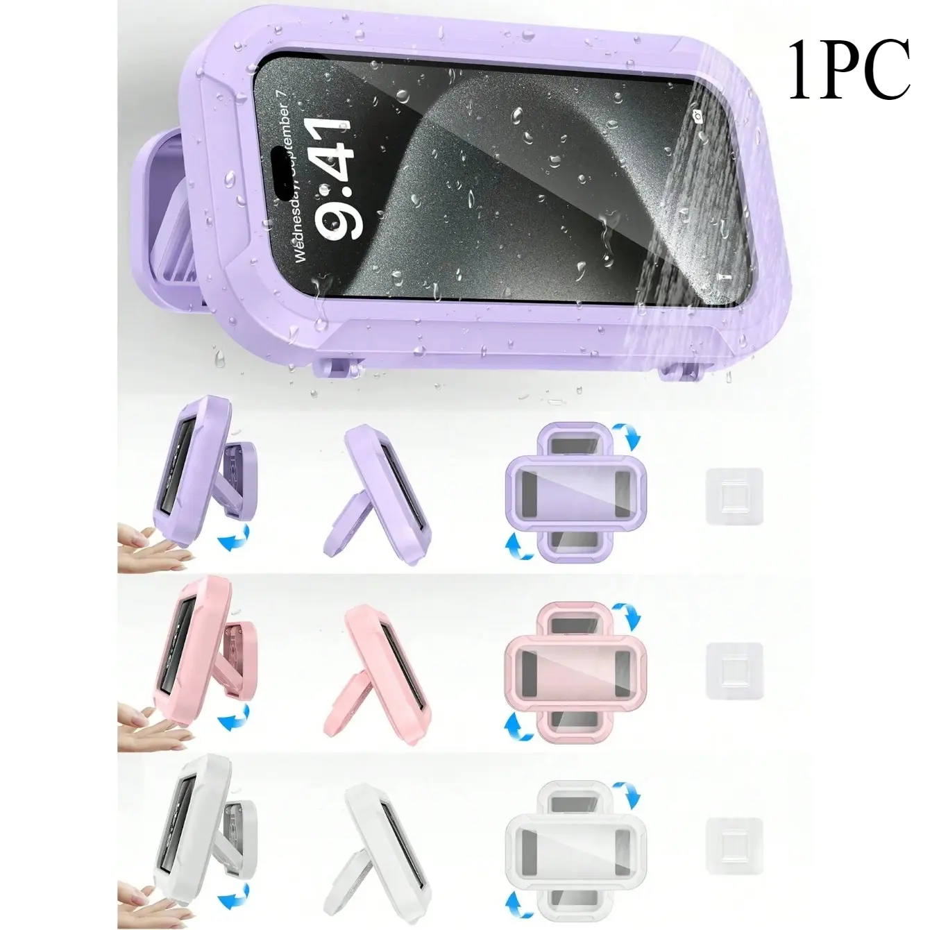 1PC Waterproof Shower Phone Holder with Stand, 360° Rotation Universal Touchscreen Phone Mount, Anti-Slip Adhesive Wall Phone Case for Bathroom Kitchen Beach, Multi-Angle Adjustable Phone Stand for iPhone Android
