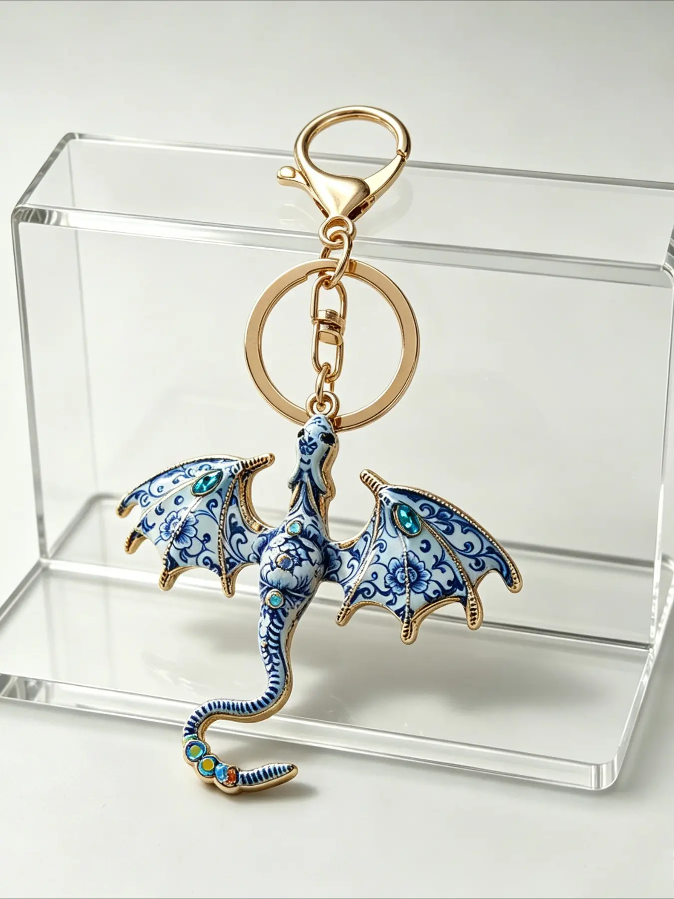 Blue And White Porcelain Pattern Dragon Keychain Fantasy Flying Dragon Key Ring Bag Charm Pendant Fashion Backpack Handbag Accessories Gift