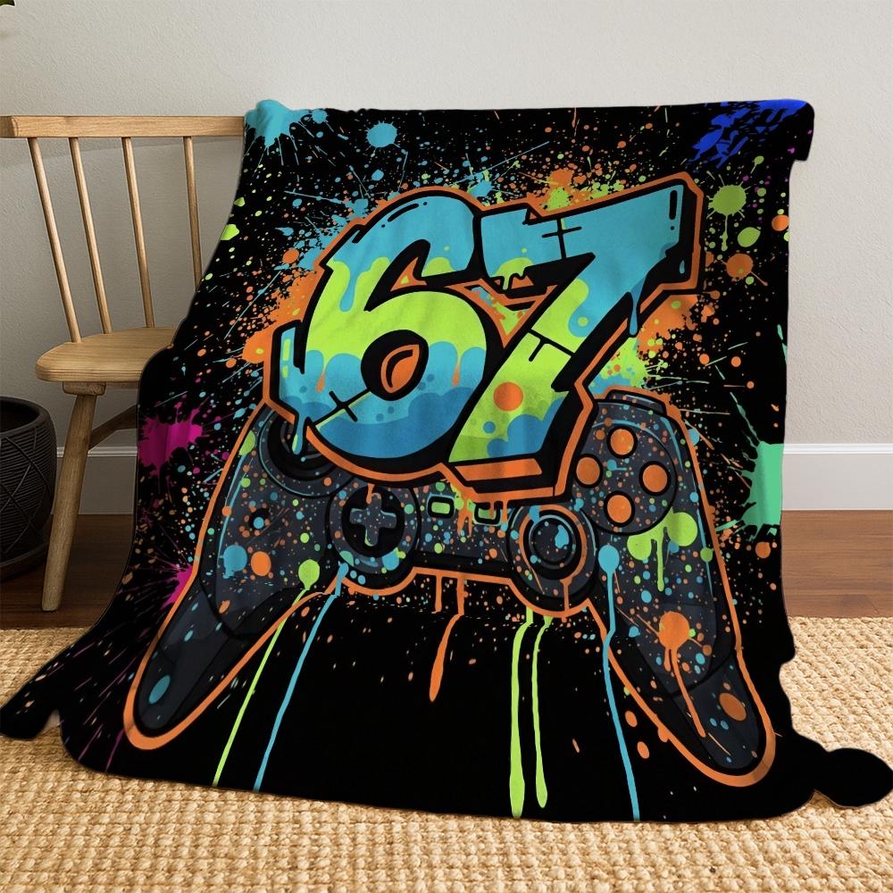 2D Flat Printing 1pc  Brightly colored graffiti-style handle with numbers 67 Pattern Printed  Blanket Flannel Fleece All Season Light Weight Living Room/Bedroom Warm Blanket
