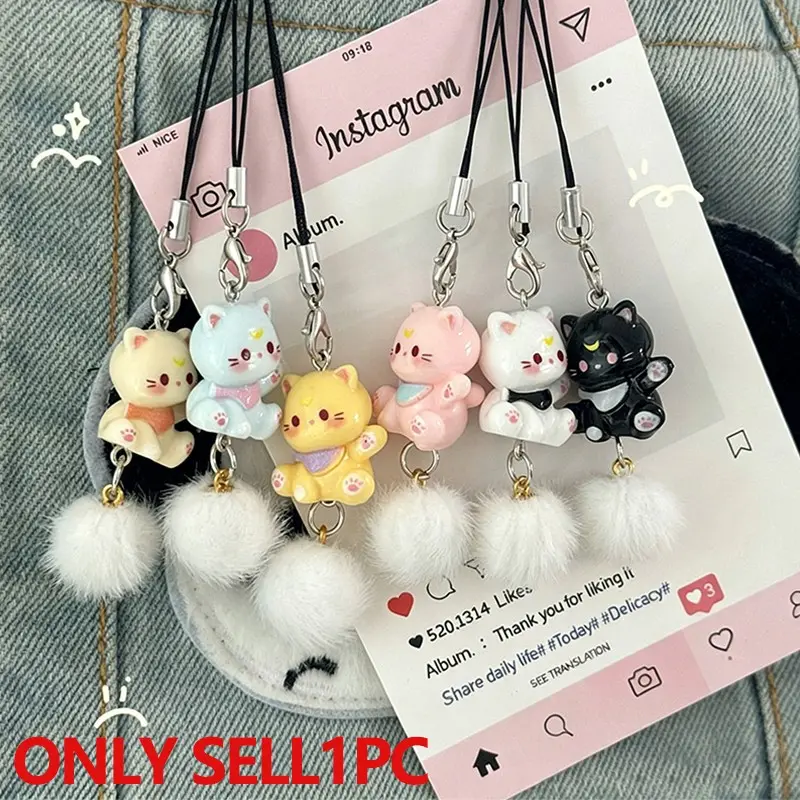 Cute Luck Cat Plush Ball Phone Charm Keychain, Kawaii Aesthetic Kitten Pendant, Soft Fluffy Pompom Cell Phone Strap, Kawaii Charms, Phone Decor, Phone Ornament, Phone Accessory, Phone Decoration for iPhone/android