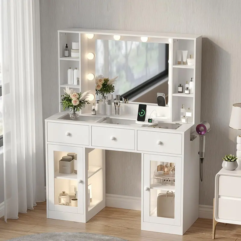 Ktaxon Vanity Table with RGB Lights & 3-Tone Dimmable Bulbs - Glass Top Dresser with 3 Drawers, 2 Glass Doors & 2 Side Shelves | Built-in Power Strip, Hair Dryer Holder,cheap vanity,sohochic