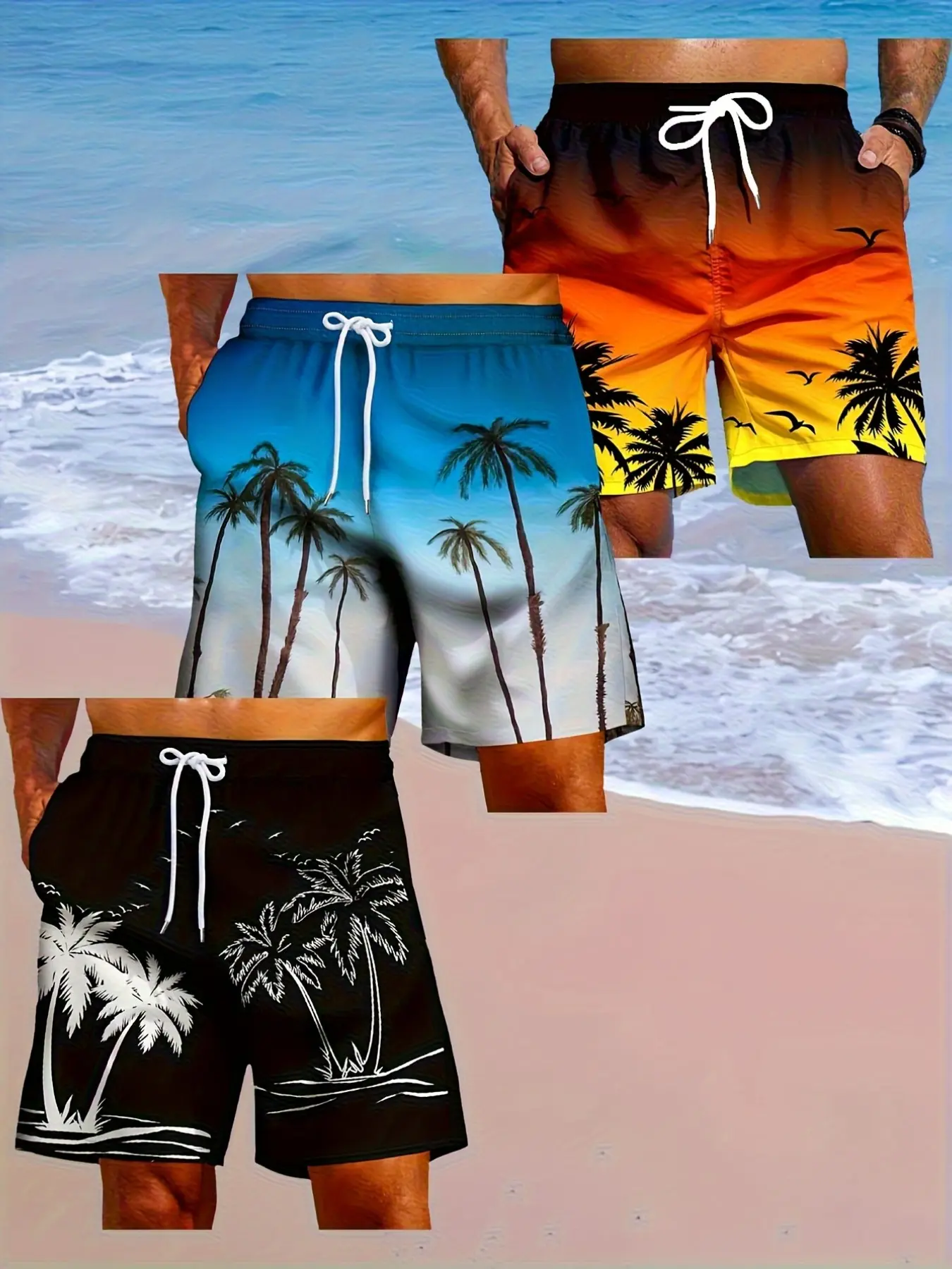 3 Pcs Men's Beach Shorts Set, Coconut Tree Sunset Print, Drawstring Waist, Knee-Length, Casual Summer Swimwear, All-Over Geometric Pattern