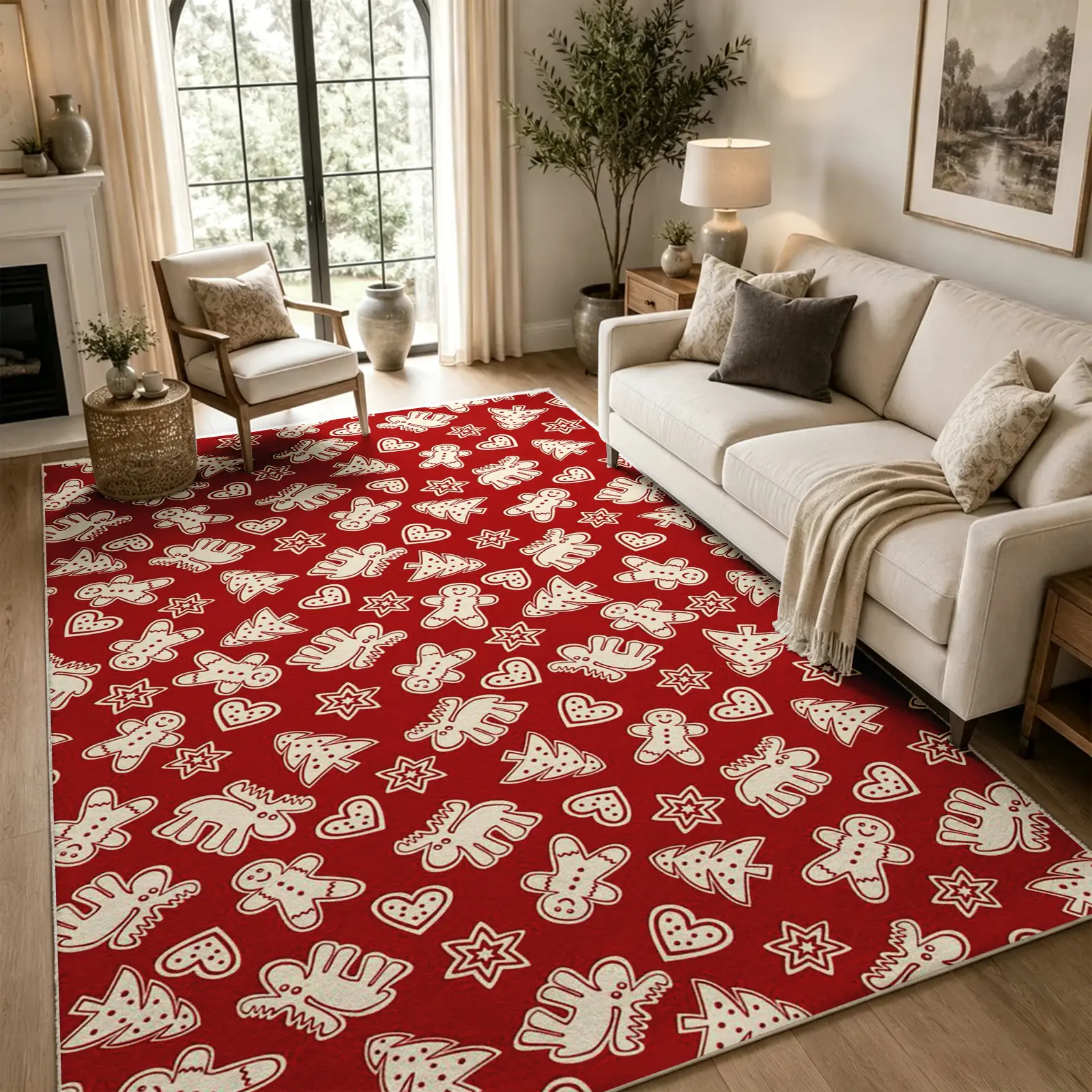 Funny Christmas Gingerbread Area Rug, Red White Cookie Pattern Carpet, Soft Faux Cashmere, Non Slip Washable Floor Cover for Living Room Bedroom Dining Room Office, Festive Christmas Decor, Home Decor (Various Sizes)
