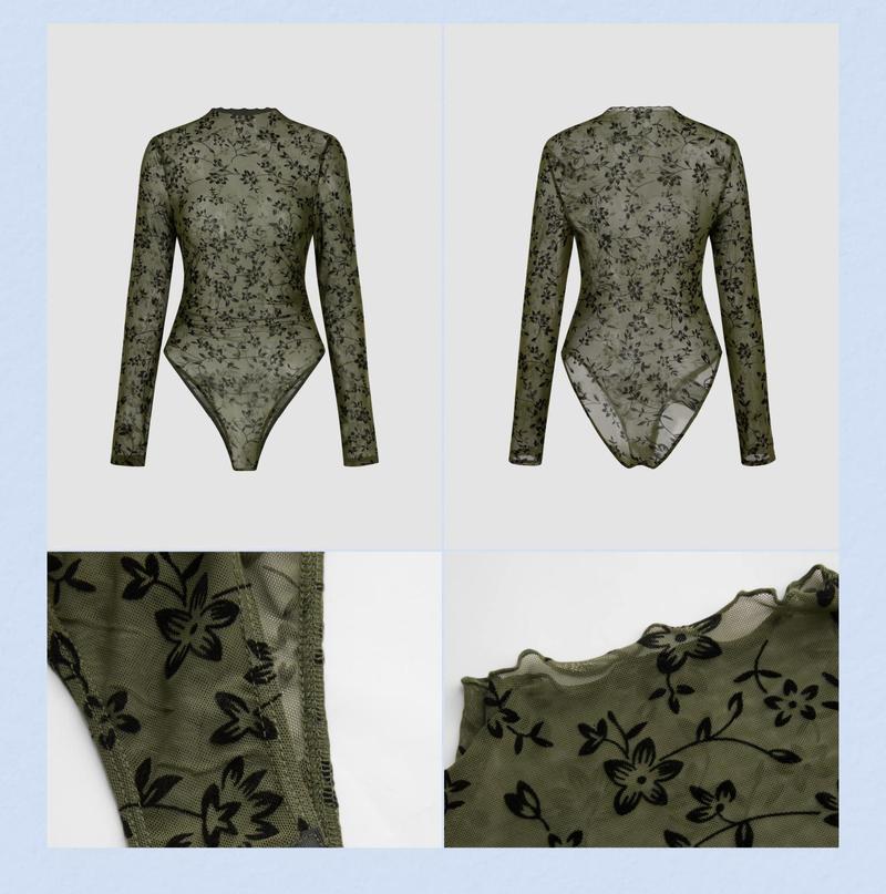 Cider [2 colors, size 0-26] Stand Collar Floral See-through Lettuce Trim Bodysuit