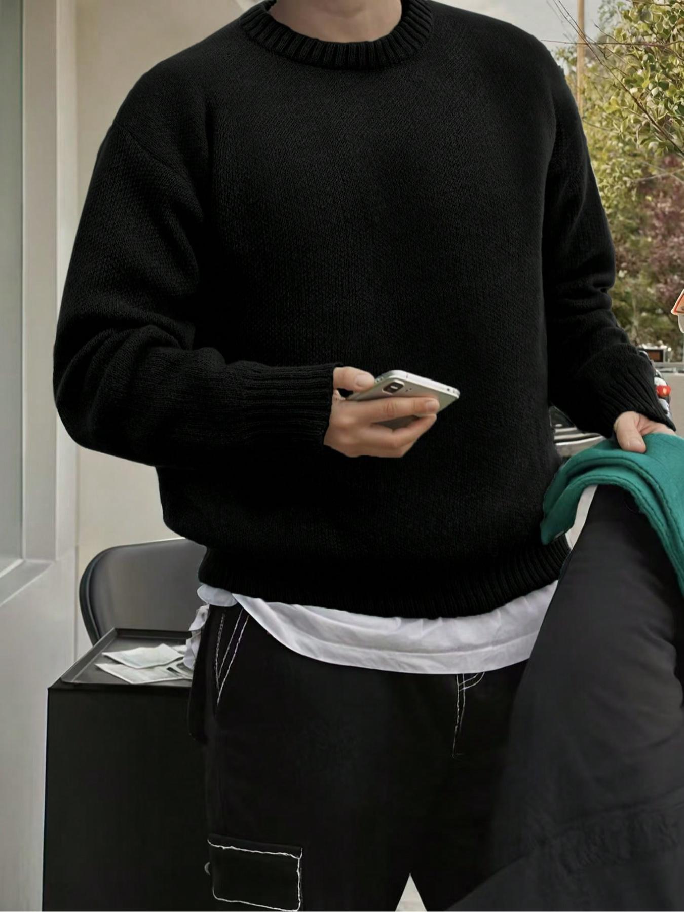 Men's Solid Color Crew Neck Sweater, Casual Fashion Long Sleeve Jumper for Fall & Winter, Men's Knitwear for Daily Wear, Knitted Pullover, Tops