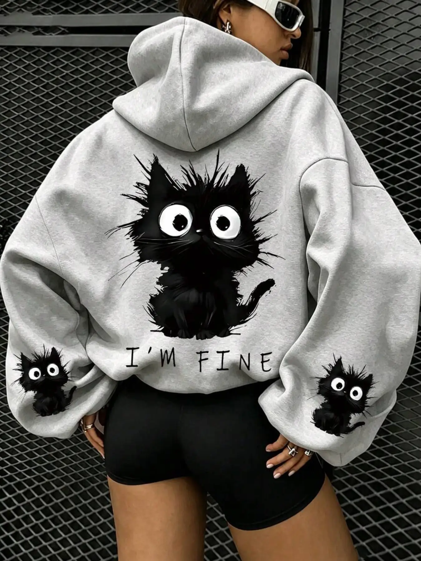 Women's Cat Print Hoodie, Casual Loose-Fit Sweatshirt, Fall & Winter Fashion, Back and Sleeve Cat Patterns, Return-To-School Style