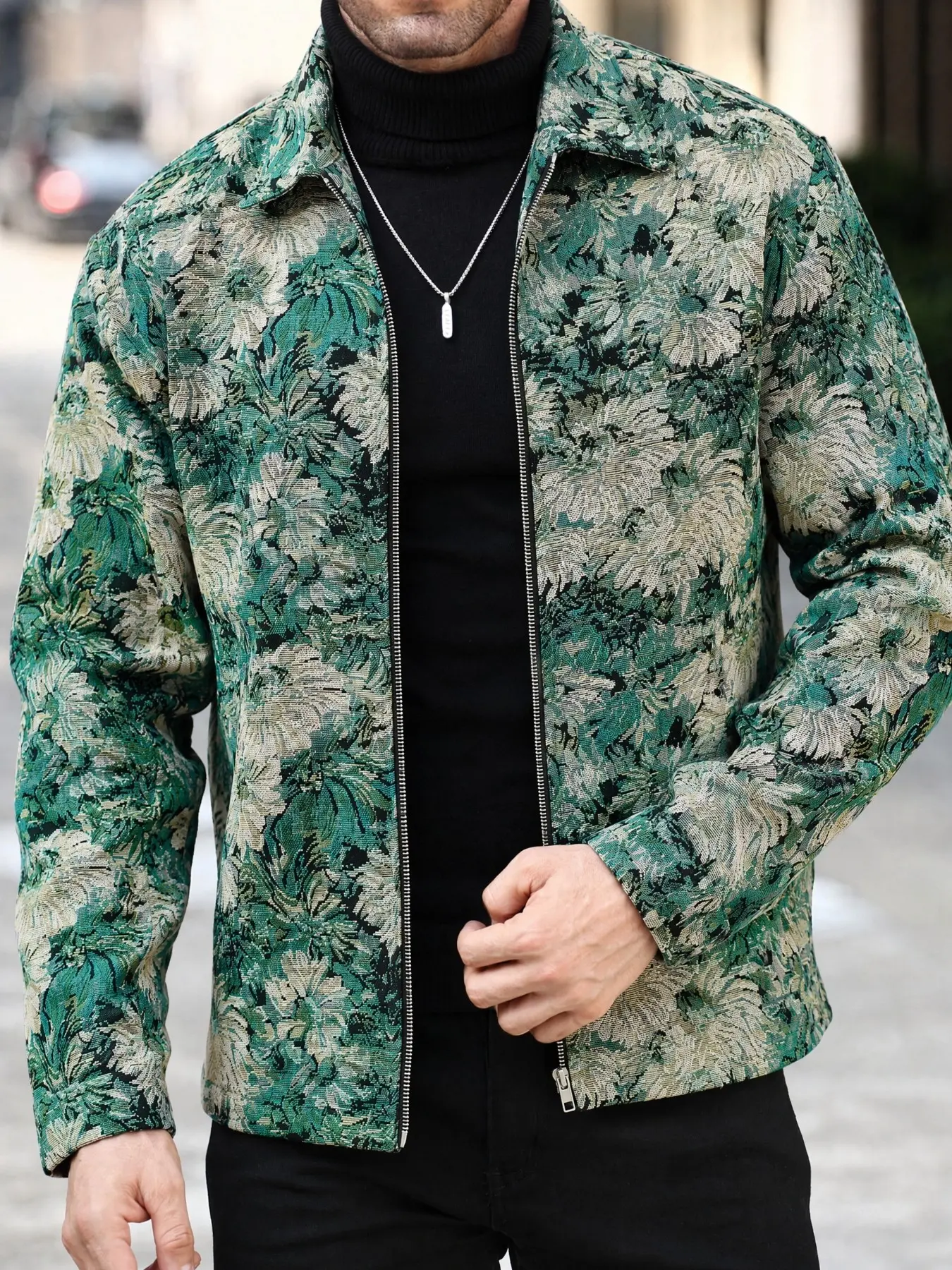 Vintage Floral Jacquard Lapel Zipper Work Jacket for Men, Stylish Retro Design, Perfect for Casual Wear, Durable and Comfortable