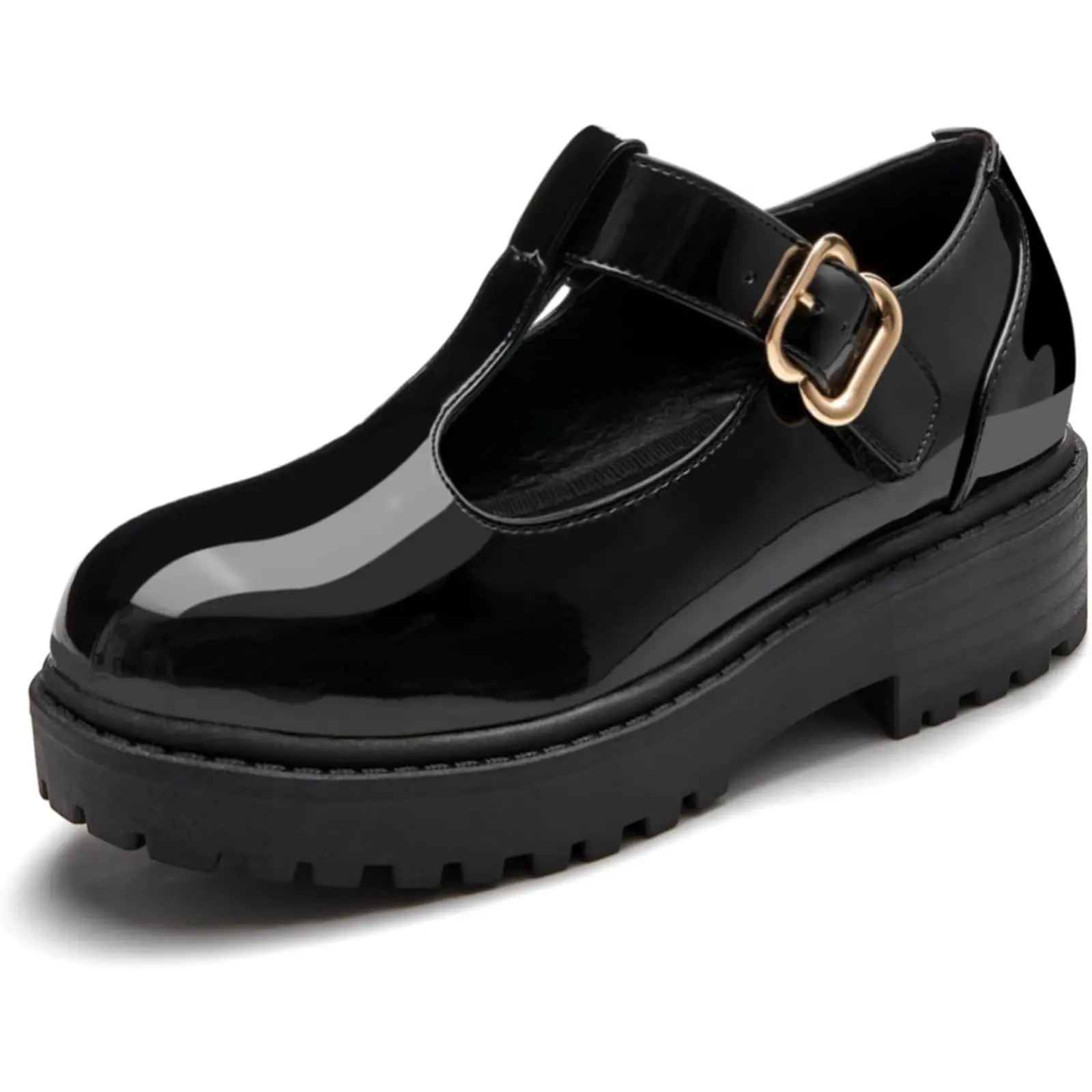 Coutgo Girls' T-Strap Mary Jane Shoes, Closed Toe Platform Loafers with Chunky Heel for School Uniform, School Size Flat Shoes, All Seasons, Buckle, Footwear