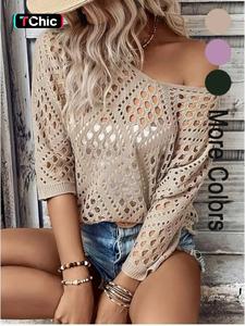 women's plain long sleeve hollow out sweater pullover, casual 3/4 sleeve crew neck jumper for summer, fashion women's knitwear for daily wear, womenswear, clothes for women, tops, longsleeves