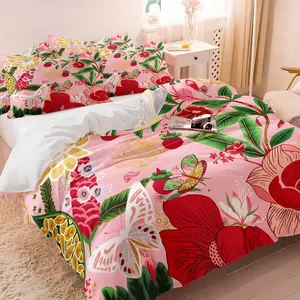 Pastel Pink Tropical Floral Duvet Cover Set, 1 Duvet Cover + 1/2 Pillowcases, No Filling, HD Vivid Print, Soft Skin-friendly Fabric, Exotic Flower Butterfly Pineapple Botanical Pattern, Boho Style Bedding for Bedroom Dorm Decor, Easy Care