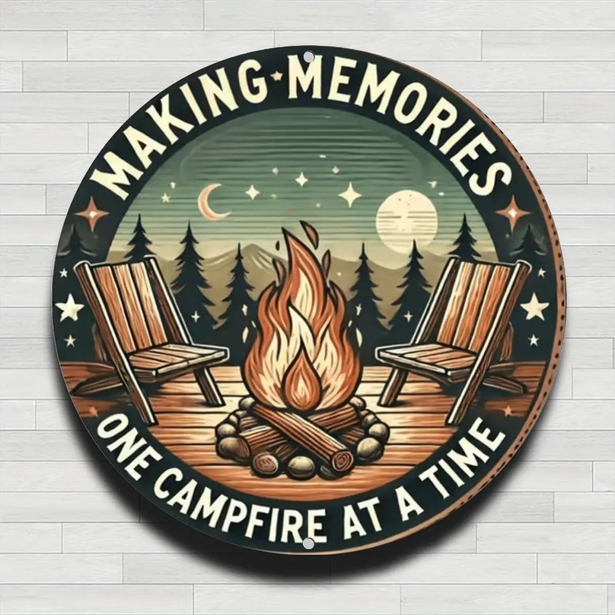 Vintage Campfire Wall Sign, Making Memories One Campfire At A Time Round Metal Badge Decor, Rustic Outdoor Camping Theme Hanging Plaque for Home Porch Yard Office Cafe Gift 8x8/12x12 Inch