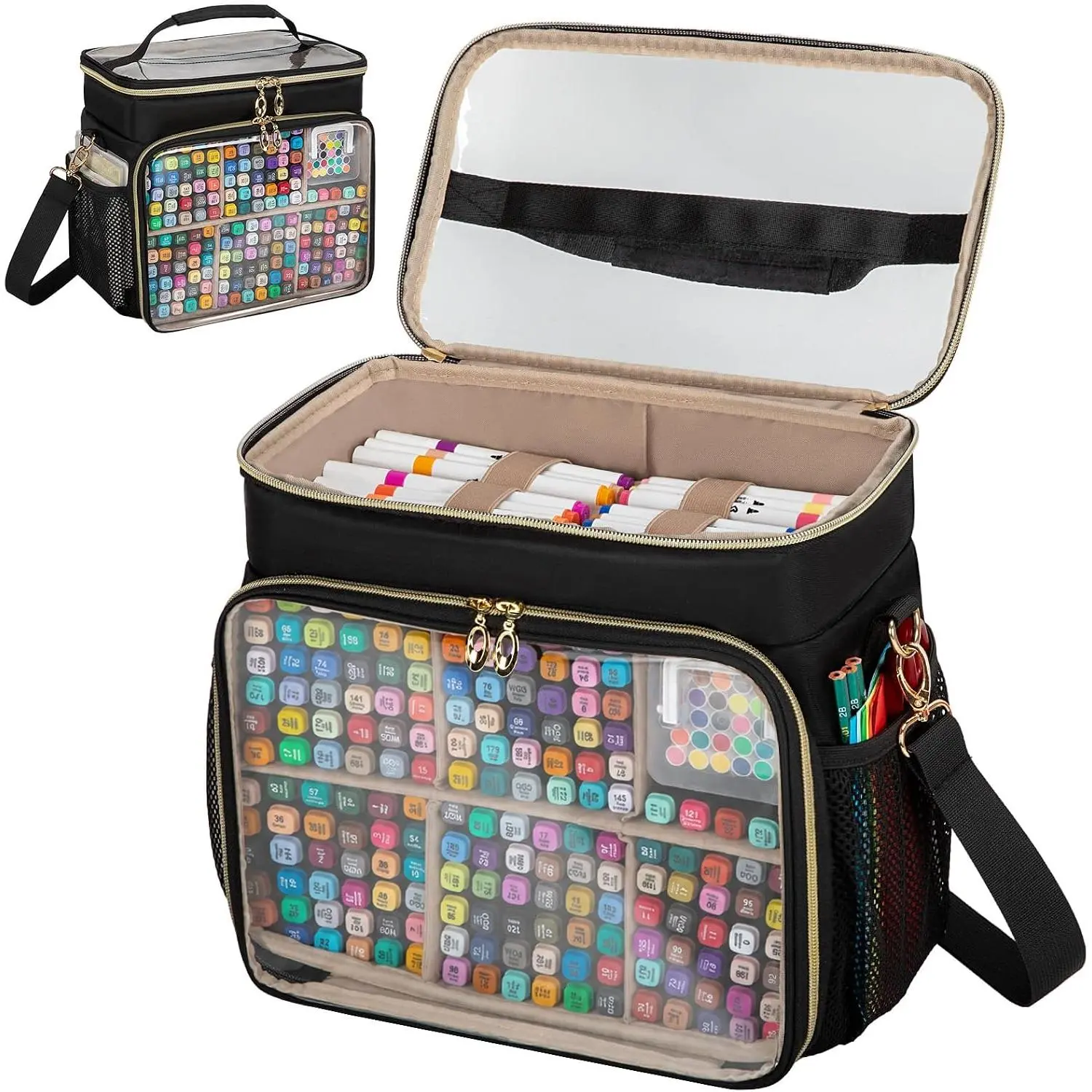 Large Double-Layer Marker Organizer Case for 200-300 Markers, Black |   Marker Bag with Removable Dividers, Marker Organizer for Markers, Pencils, Crayons or Other Art Supplies, (Bag Only)