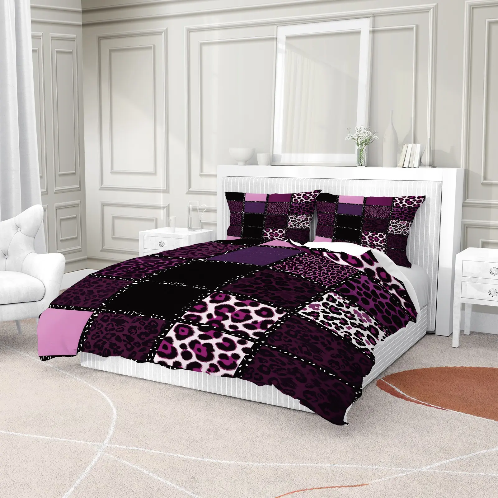 Purple Black Patchwork Leopard Duvet Cover Set 2/3Pcs, 1 Duvet Cover +1/2 Pillowcases, Spliced Cheetah Animal Print Soft Microfiber Bedding, Hidden Zipper & Inner Corner Ties, No Comforter & Pillow Inserts, Gothic Trendy Bedroom Decor