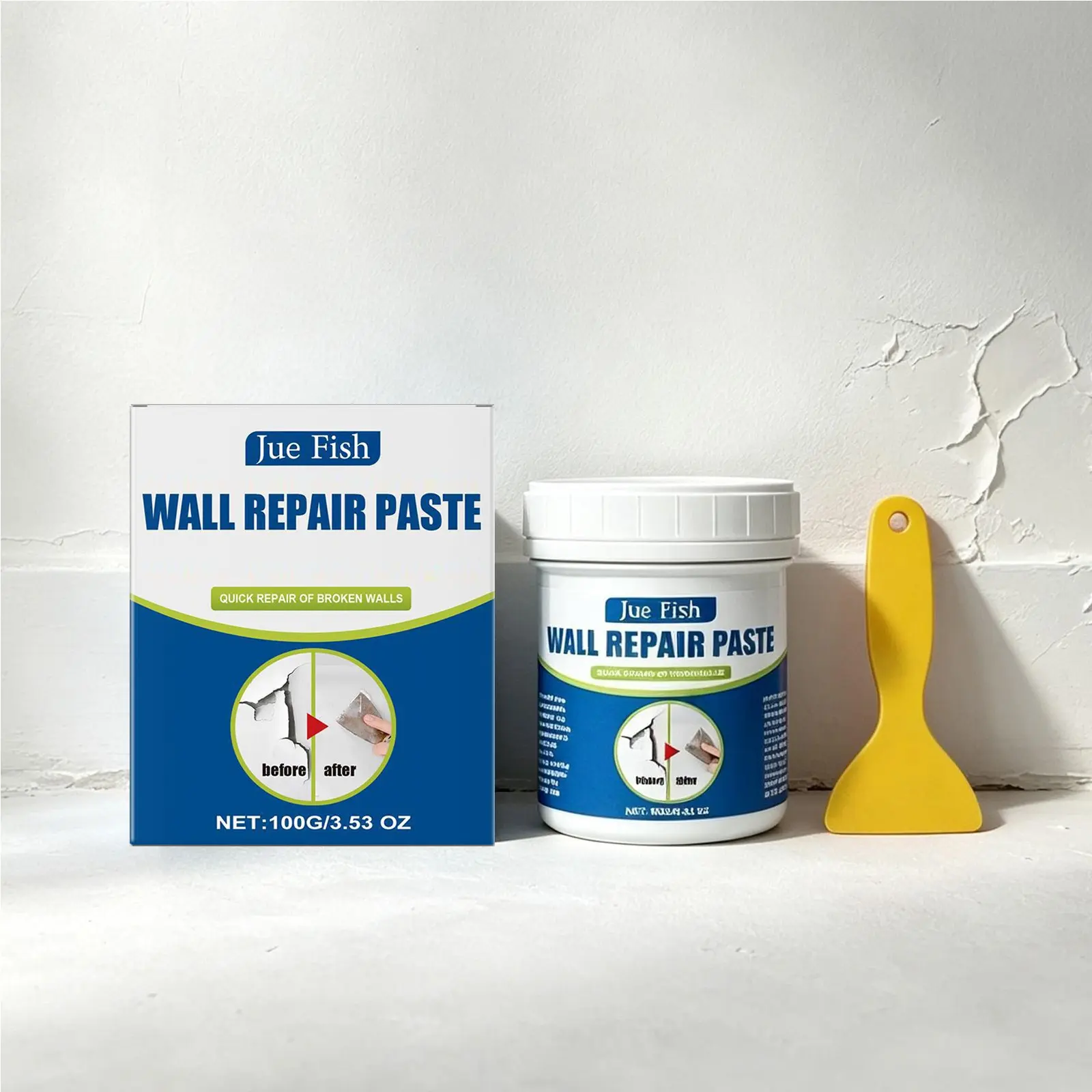 Jue-Fish Wall Repair Putty 100g with Spatula, Stain Covering Agent, Prevents Moisture, Fixes Cracks, Ideal for Paint Chipping Walls