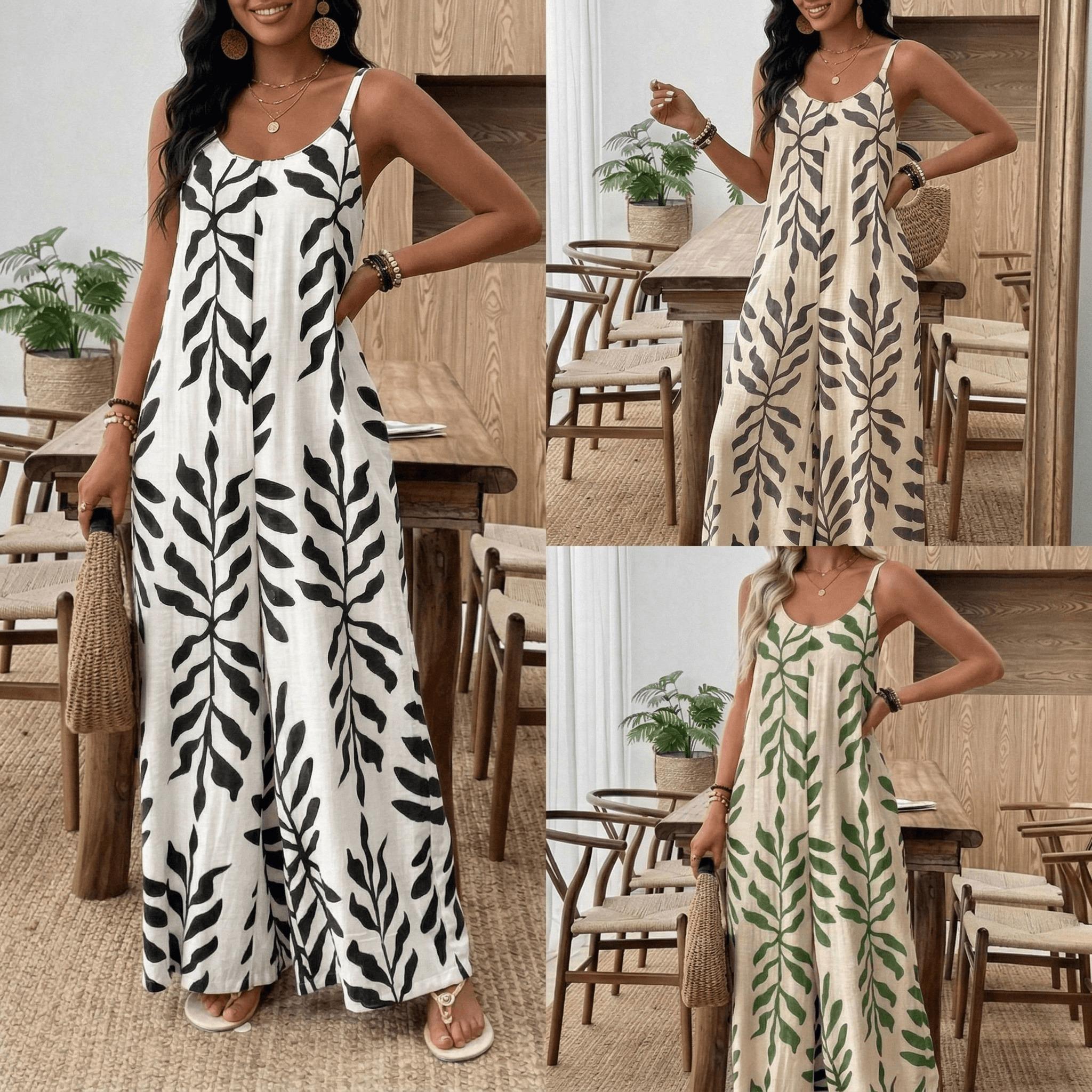 Women's Boho Tropical Print Jumpsuit, Sleeveless Wide Leg Beach Vacation Romper, Flowy One Piece Outfit