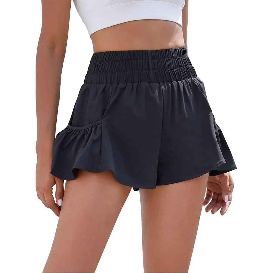 Womens Athletic Running Shorts 2.5" Flowy High Waisted Ruffle Shorts | workout,gym,two side pockets,elastic high waisted,quick dry fabric,built in liner,solid,gingham,leopard,striped shorts