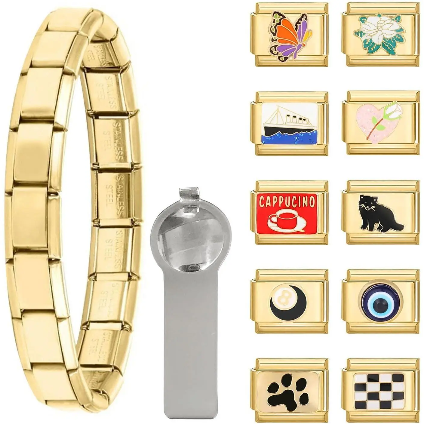 Italian Charm Bracelet   Set with Starter Brascelet,  Charms and Opening Tools, 9mm Modular Italian Charm Bracelet Links  DIY  Gifts( Black)