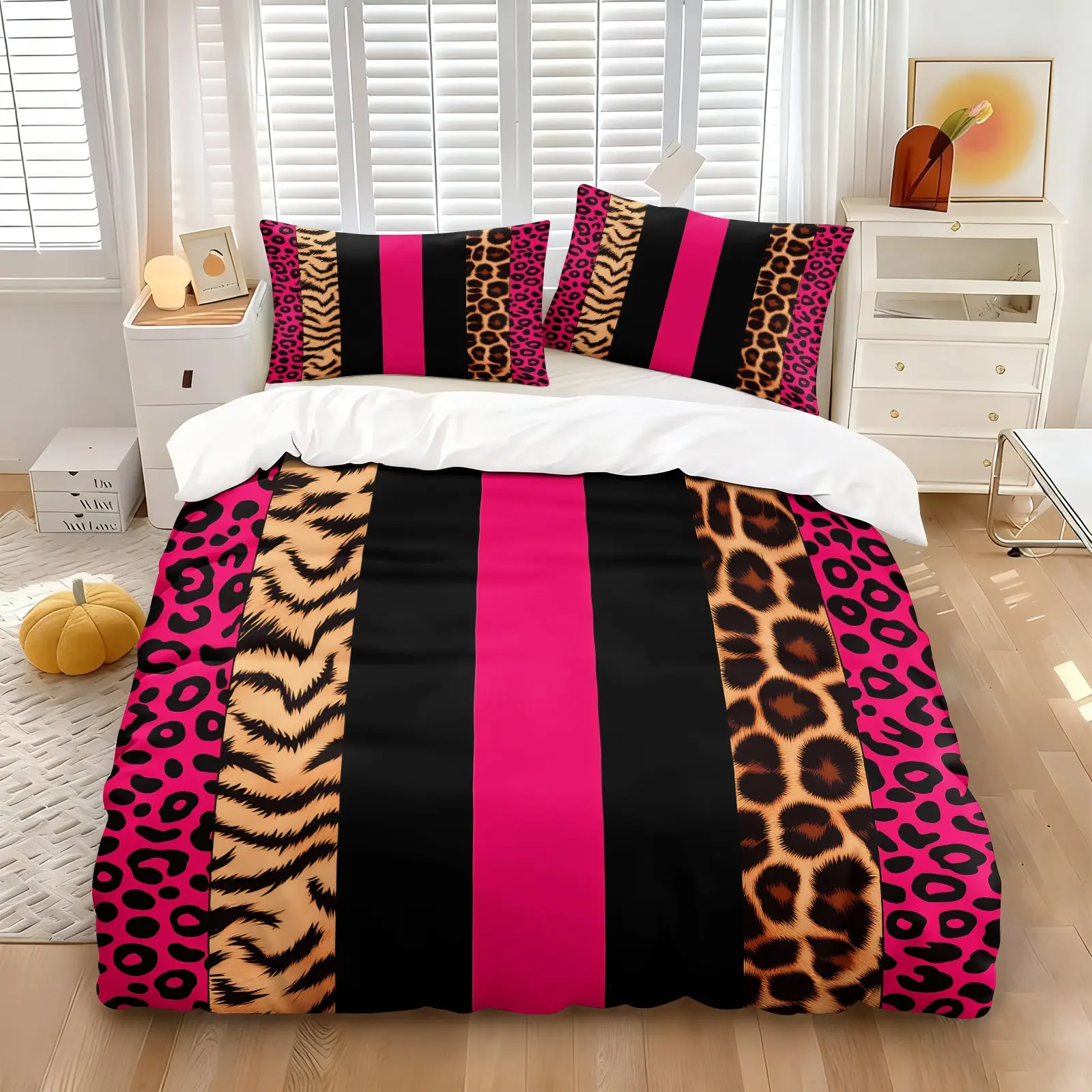 3PCS Hot Pink Tiger Leopard Stripe Duvet Cover Set (1 Duvet Cover + 1-2 Pillowcases), HD Digital Print, Soft Cozy Skin-Friendly Breathable All Season Bedding, Twin Full Queen Sizes for Glam Y2K Animal Print Bedroom Decor