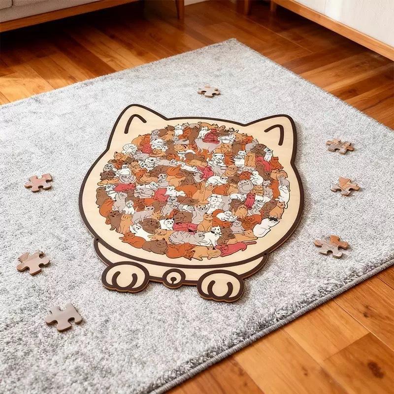 Trending Best Selling Cat Shaped Wooden Jigsaw Puzzle, Morandi Color Cute Kitten Animal Puzzle, Educational Brain Teaser Toy for Kids Adults, Creative Home Decor Unique Wooden Puzzle Gift for Family Friends Holiday