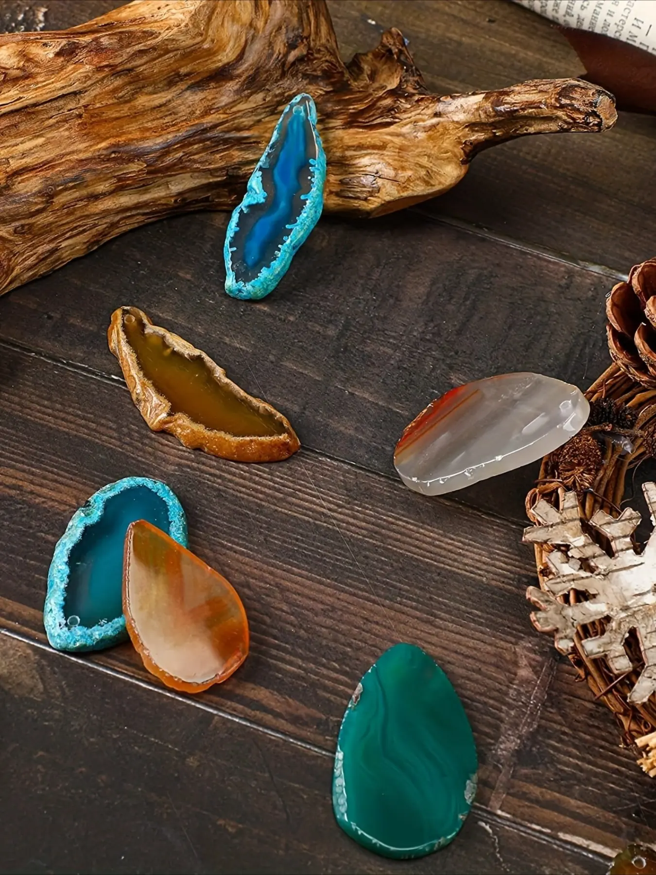 8pcs Rockcloud Agate Stone Light Table Slices, Mixed Color Treatment Crystal Earth Stone, Irregular Home Decoration Ornament Jewelry Production