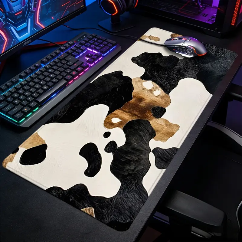 Cowhide Texture Black Brown White Cow Print Large Extended Gaming Mouse Pad, Faux Fur Western Animal Pattern Desktop Protector, Non-Slip Rubber Lock Edge HD Print, Suitable for Gaming, Farm Style Office, Cowboy Bedroom & Western Hobby Gift