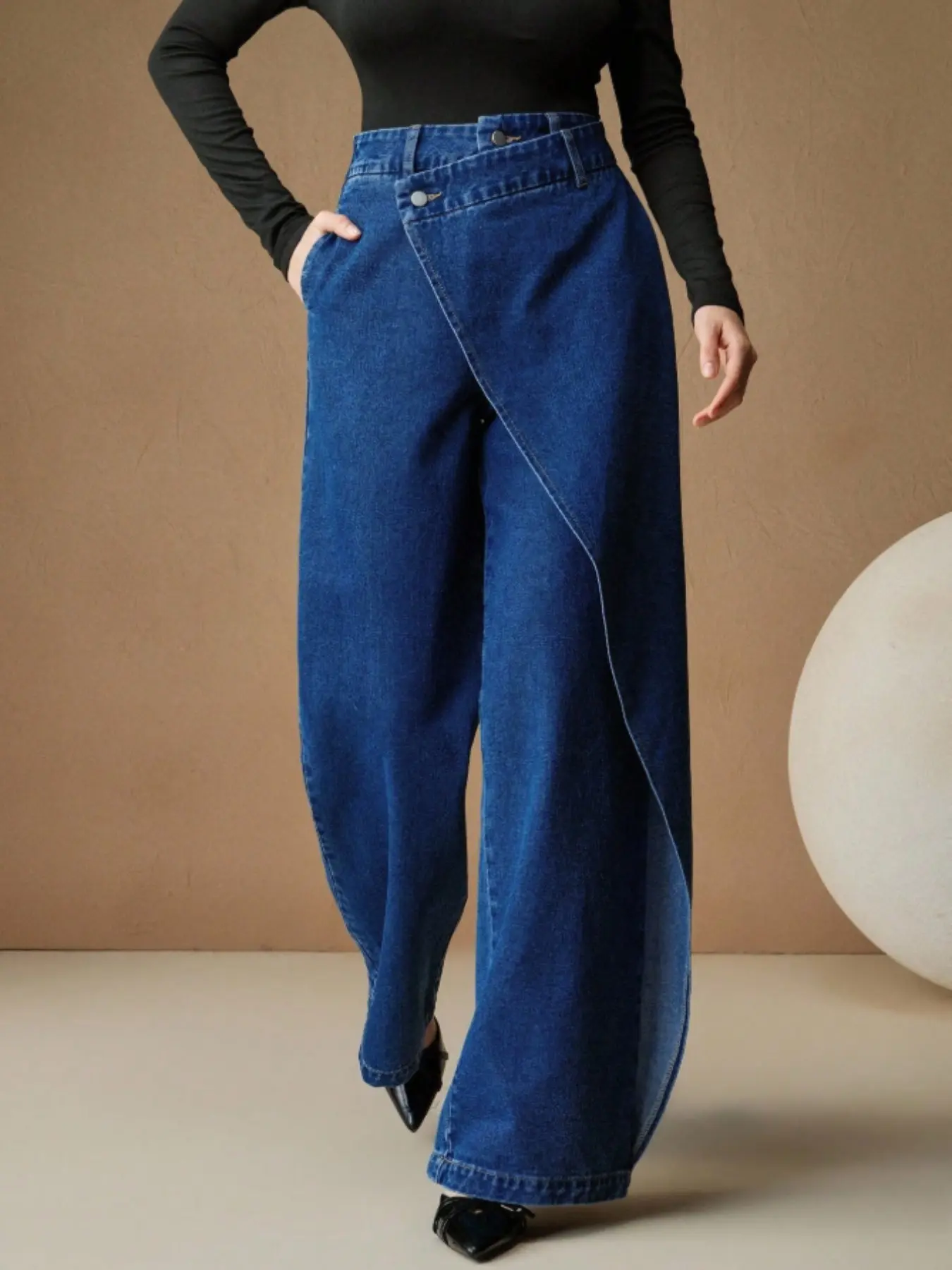 Women's Wide Leg Jeans, Wrap Cross Front Wide Leg Jeans,High Waist Asymmetrical Hem, Loose Comfortable, Casual Fashion, Elegant, Suitable for All Seasons, Denim