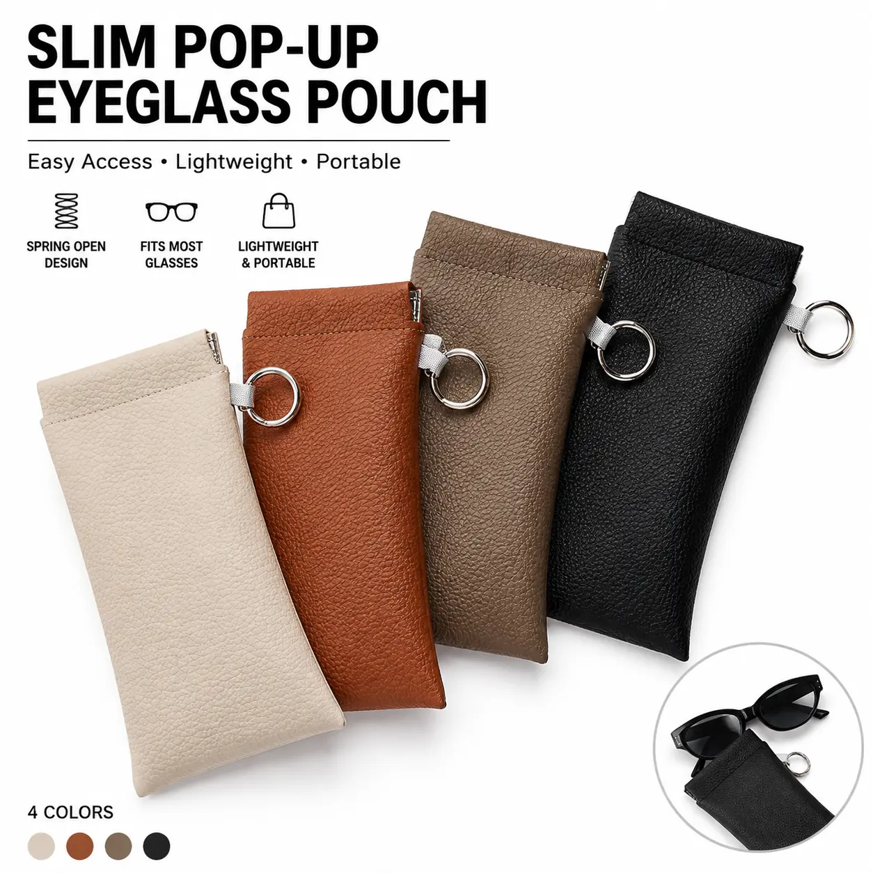 Soft PU Leather Sunglasses Pouch Elastic Opening Eyeglasses Bag, Portable Anti-Scratch Glasses Storage Case With Built-in Cleaning Cloth And Keychain, Minimalist Lightweight Protective Sleeve For Daily Travel Outdoor Women Men Accessories -YY1